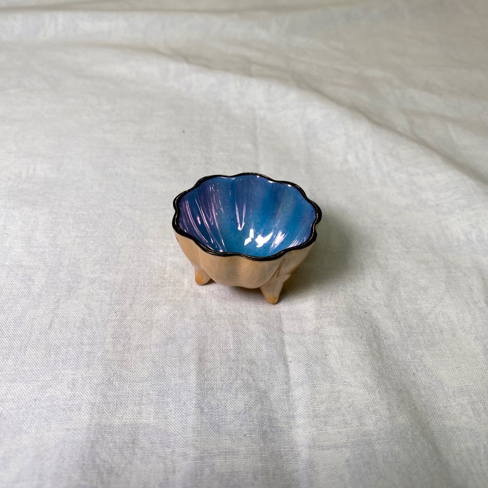 Vintage‎ Japan Lusterware Salt Cellar Blue Peach Footed Dip + Repair Piece